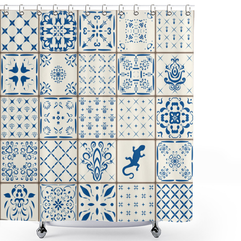 Personality  Indigo Blue Tiles Floor Ornament Collection. Gorgeous Seamless Patchwork Pattern From Colorful Traditional Painted Tin Glazed Ceramic Tilework Vintage Illustration. For Web Page Template Background Shower Curtains