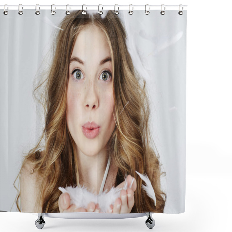 Personality  Teenage Girl Blowing Feathers Shower Curtains