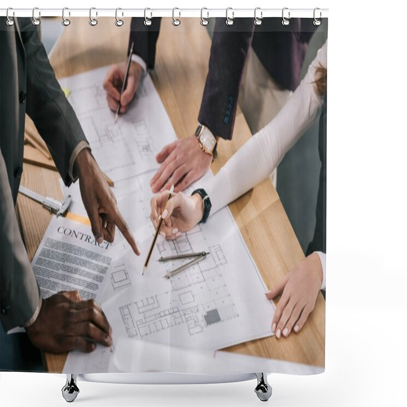 Personality  Cropped View Of Multiethnic Architects Discussing And Working With Blueprints And Documents In Office Shower Curtains