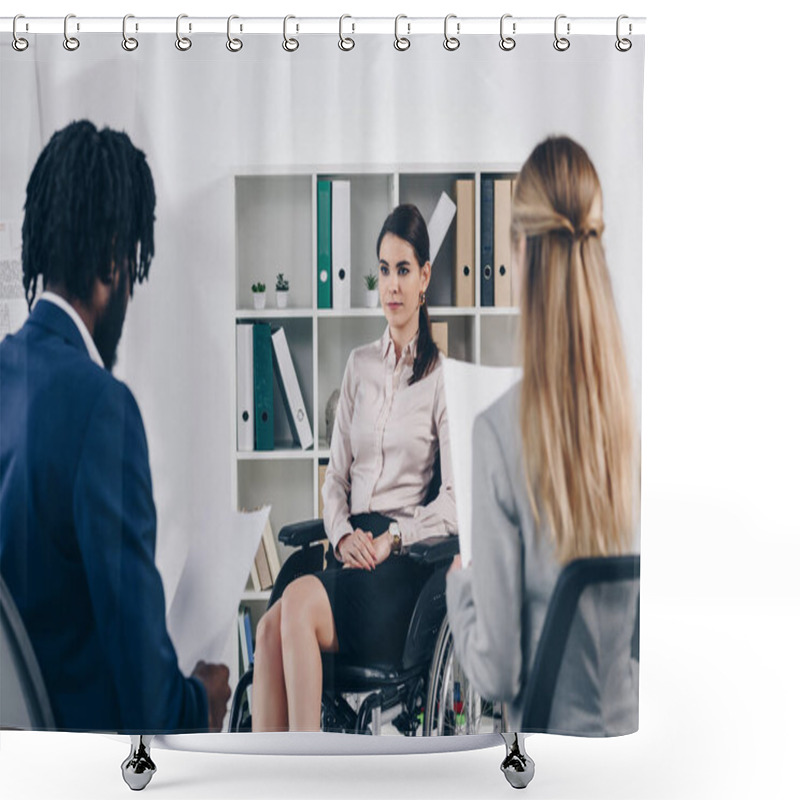 Personality  Selective Focus Of Multiethnic Recruiters Conducting Job Interview With Disabled Employee In Office Shower Curtains