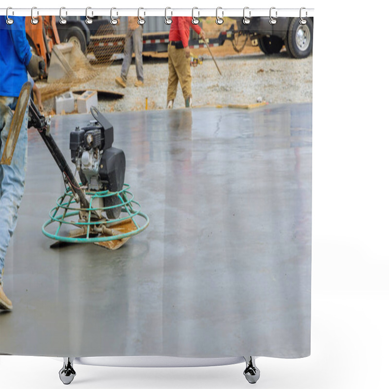 Personality  Process Polishing And Leveling Cement Screed Mortar Floors On Construction Site In Process Construction Shower Curtains