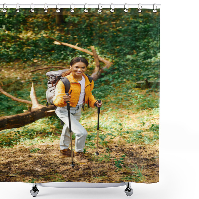 Personality  A Young Woman Explores The Enchanting Autumn Forest, Embracing The Beauty Of Nature While Hiking. Shower Curtains