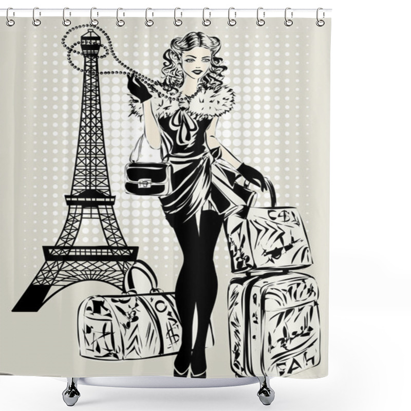 Personality  Black And White Illustration Of Fashion Woman Near Eiffel Tower With Baggage Shower Curtains