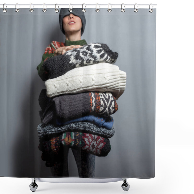 Personality  Young Woman Hold Pile Of Sweaters Wearing Knitted Hat And Warm Wool Sweater, Focus On Clothes Shower Curtains