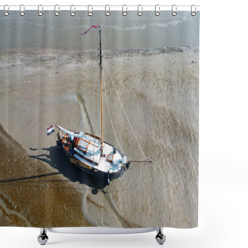 Personality  Aerial View Of A Classic Sailboat Lying On The Tidal Mudflats Of The Wadden Sea, Holland Shower Curtains