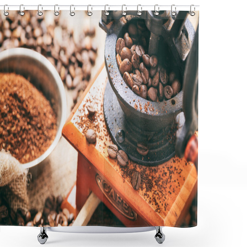 Personality  Coffee Beans And A Coffee Grinder Shower Curtains