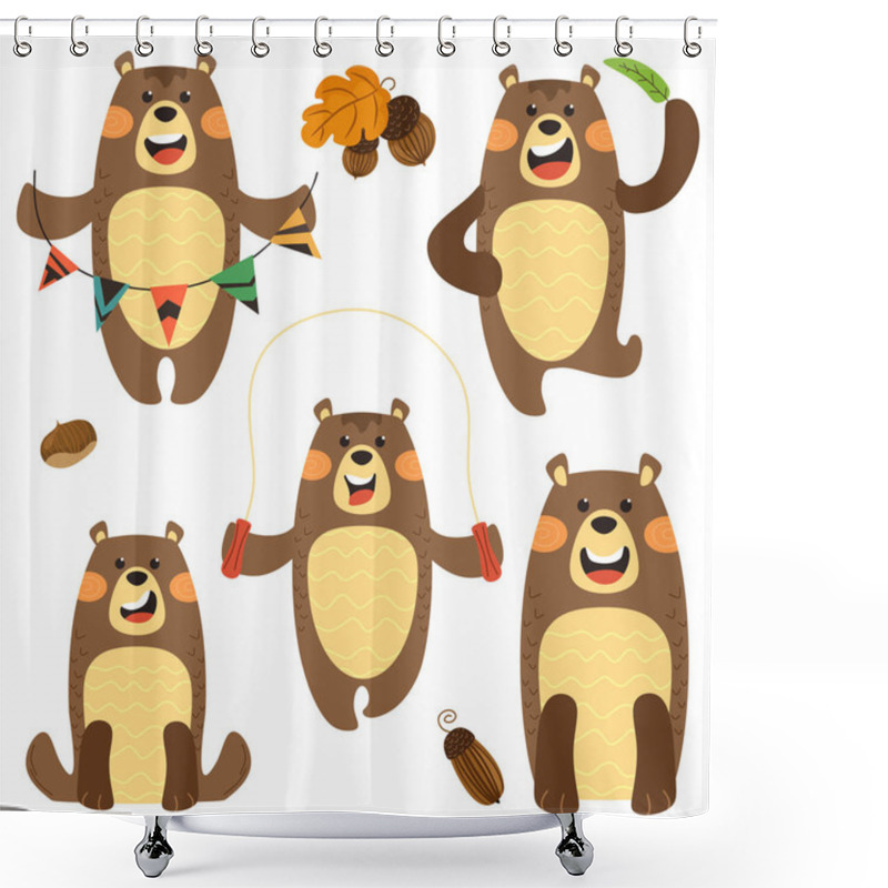 Personality  Set Of Cute And Funny Bears In Different Variations. Vector Isolates In Cartoon Scandinavian Style On A White Background. Shower Curtains