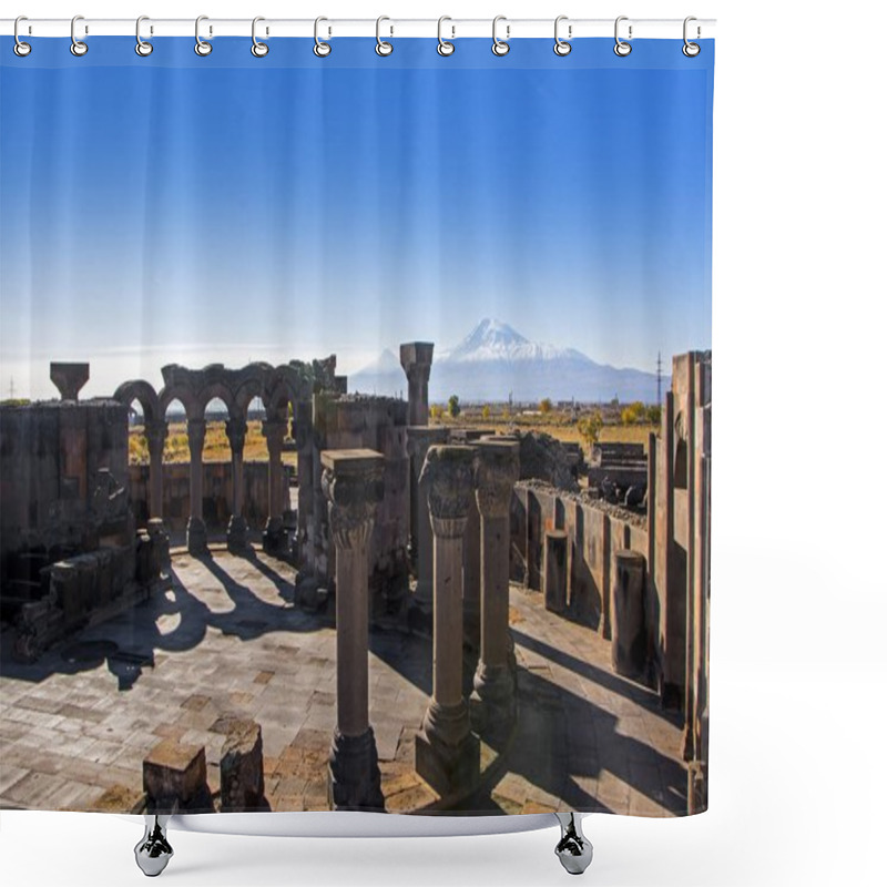 Personality  Unique Stone Ruins Of The Zvartnots Temple, 640th Years. AD, With Ararat Mountain On Background, Armenia. Ancient Architecture Shower Curtains