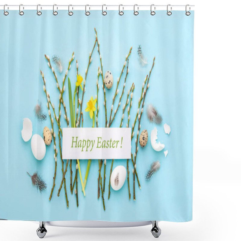 Personality  Easter Greeting Card Or Banner Template Concept, Holiday Botanical Flat Lay Arrangement With Greeting Text Shower Curtains