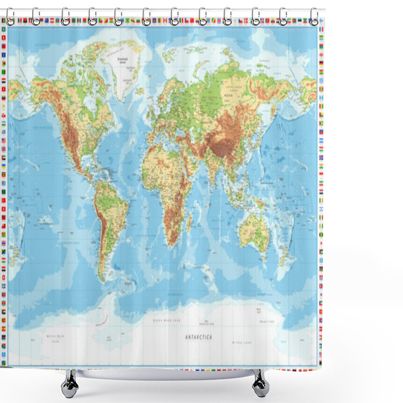 Personality  World Map And Flags - Physical Topographic - Vector Detailed Illustration Shower Curtains