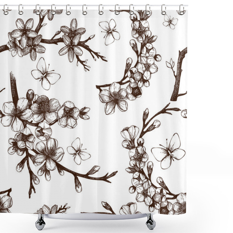 Personality  Seamless Pattern With Blooming Tree Twigs Shower Curtains