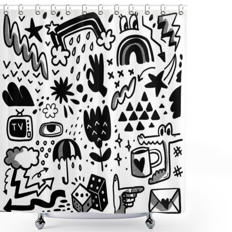 Personality  A Collection Of Whimsical Black And White Doodles With Halftone Effect, Including Rainbows, Flowers, Hands, And Arrows For Artistic Projects Shower Curtains