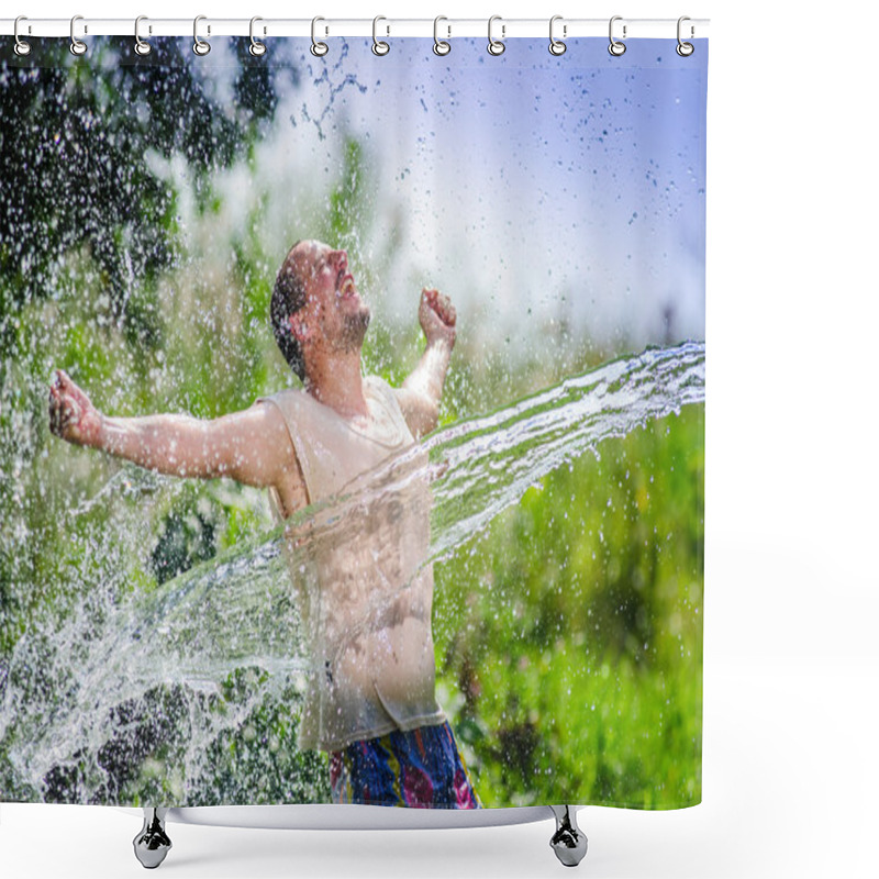 Personality  Adult Country Side Man Enjoying Water Sharp Flow During Summer Heat Times Shower Curtains