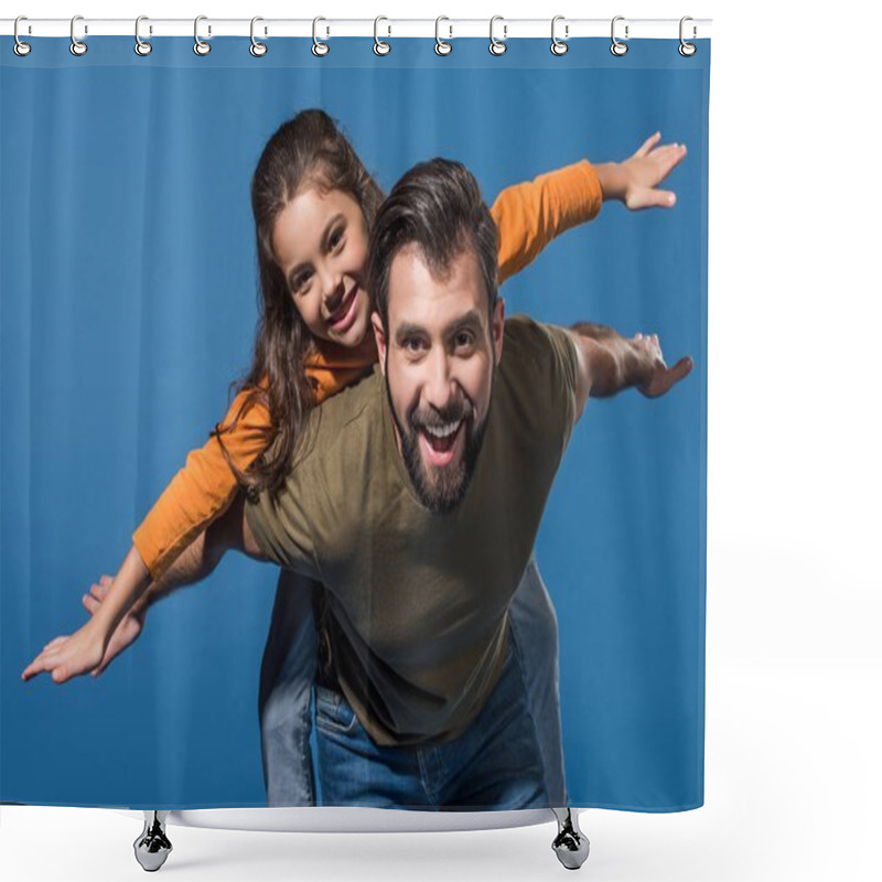 Personality  Father Giving Piggyback To Daughter On Blue Shower Curtains