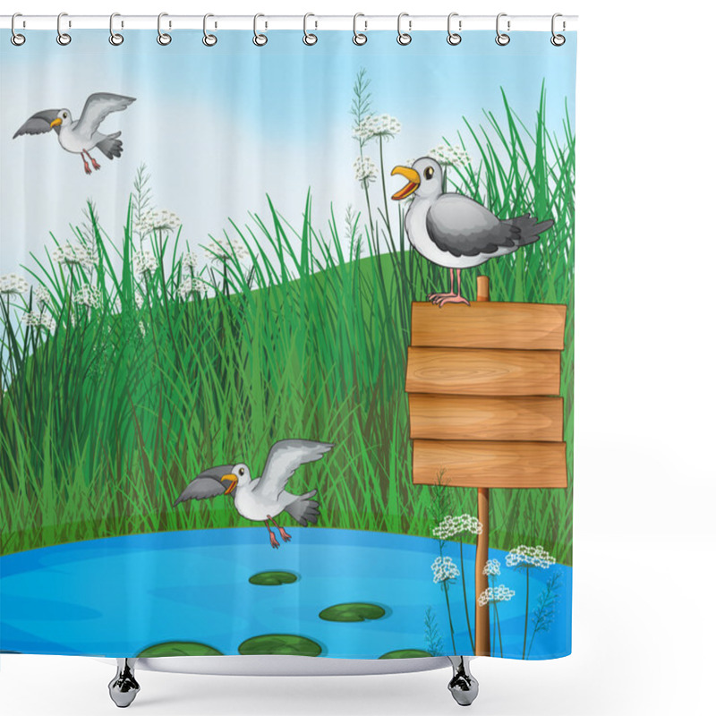 Personality  Three Birds At The Pond With A Signboard Shower Curtains