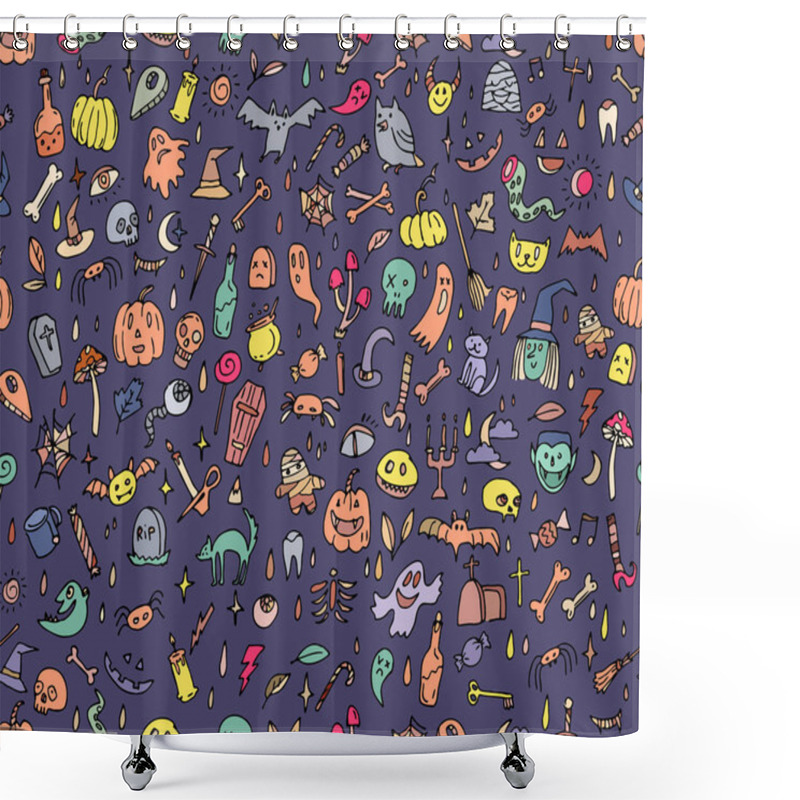 Personality  Halloween Orange Festive Seamless Pattern. Endless Background With Pumpkins, Skulls, Bats, Spiders, Ghosts, Bones, Candies, Spider Web And Speech Bubble With Boo Shower Curtains