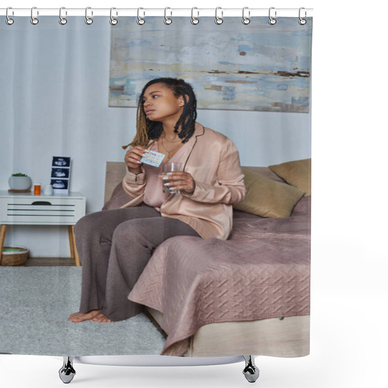 Personality  African American Woman Holding Glass Of Water And Birth Control Pills, Pregnancy Planning, Bedroom Shower Curtains