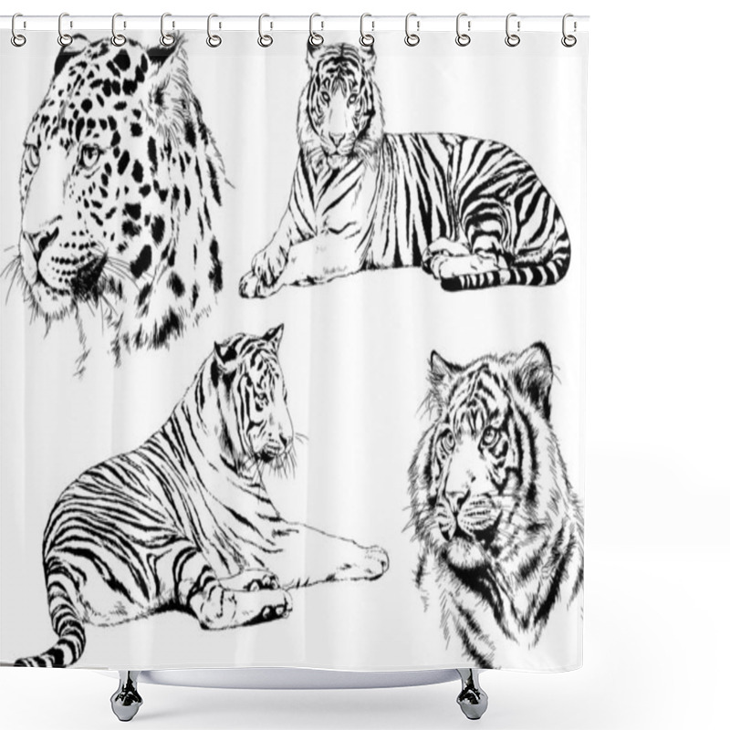 Personality  Set Of Vector Drawings On The Theme Of Predators Tigers Are Drawn By Hand With Ink Tattoo Logos Shower Curtains