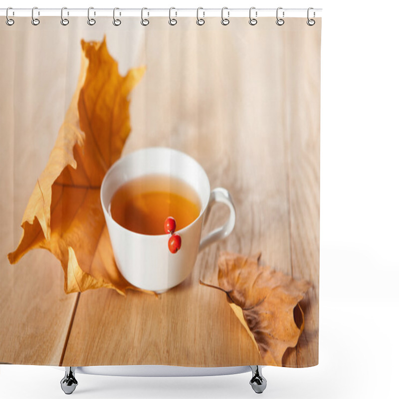 Personality  A Cup Of Tea With Falling Autumn Leaves Of Maple, And A Berries Of Rowan On The Background Of The Wood Table Shower Curtains