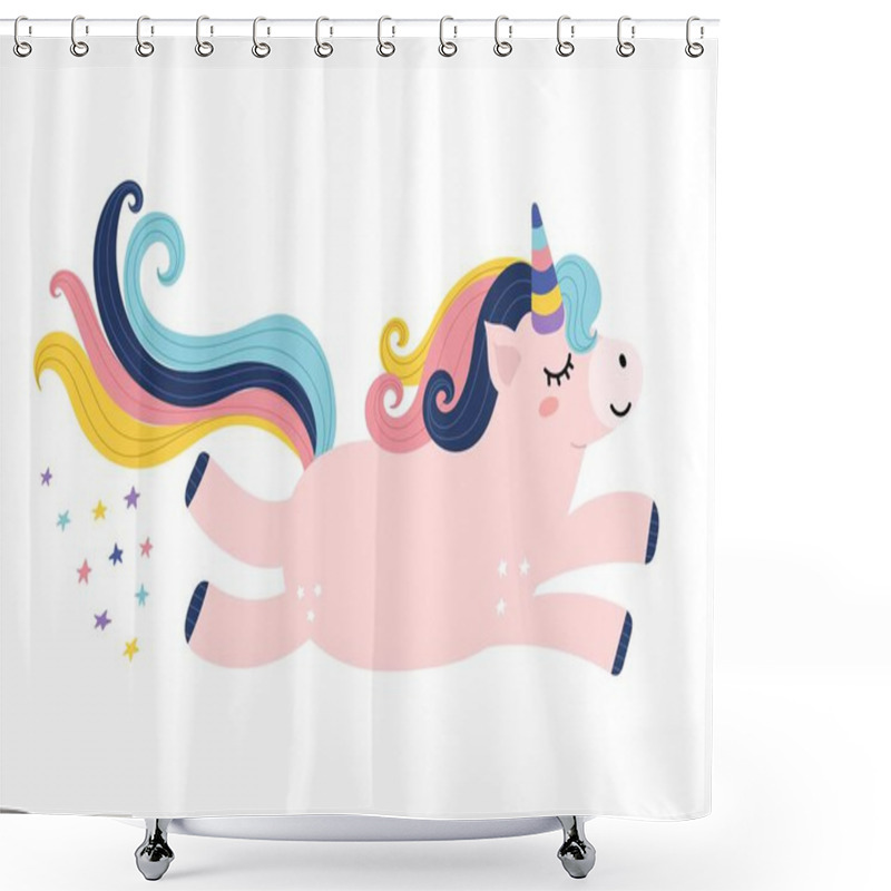 Personality  Cute Magic Unicorn Character. Beautiful Fairy Tale Animal In Cartoon Style. Flying Pony Isolated On White Background. Vector Illustration Shower Curtains