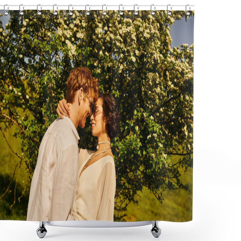 Personality  Newlyweds Couple In Countryside, Asian Bride In White Dress And Groom Hugging Near Big Tree Shower Curtains