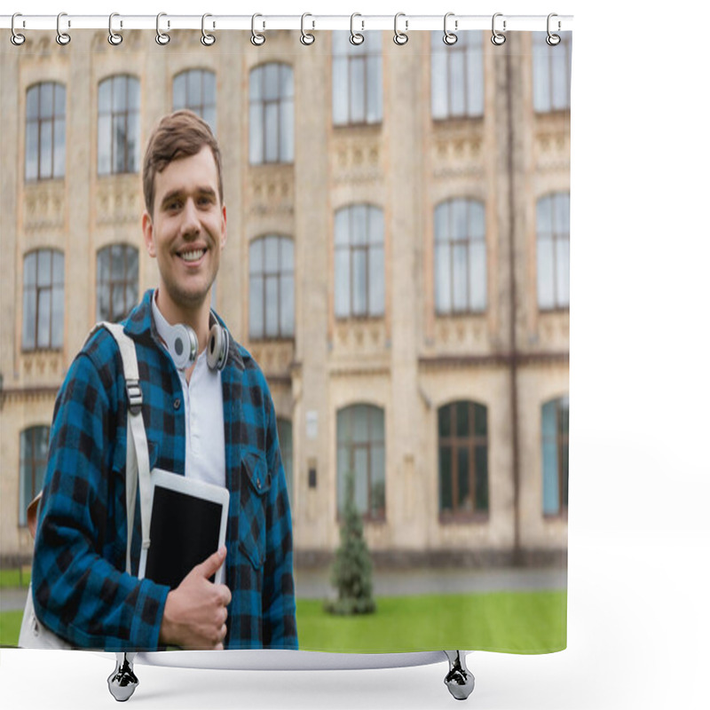 Personality  Cheerful Man Holding Digital Tablet With Blank Screen While Standing Near University Campus Shower Curtains