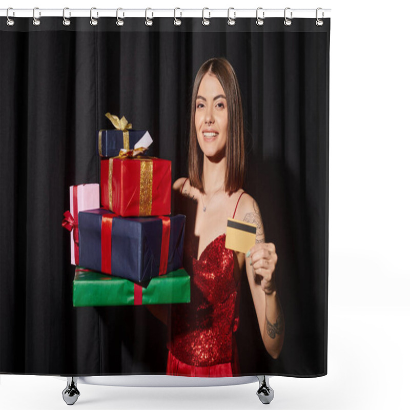 Personality  Attractive Young Woman In Red Dress Holding Pile Of Presents And Credit Card, Holiday Gifts Concept Shower Curtains