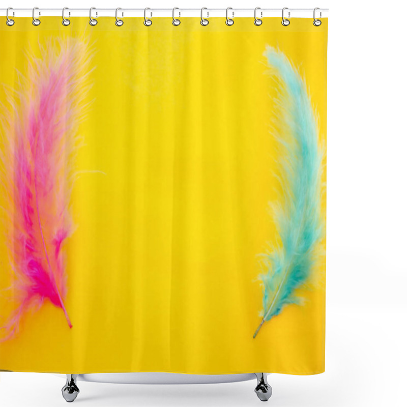 Personality  Pink And Green Feathers On A Yellow Background Shower Curtains