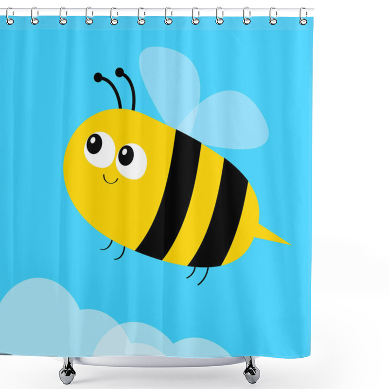 Personality  Flying Bee Icon. Big Eyes. Cute Cartoon Funny Baby Caharacter. Flat Design. Blue Sky Background. White Cloud. Vector Illustration Shower Curtains