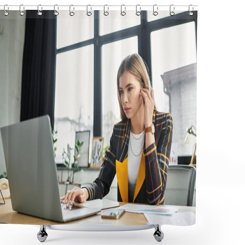 Personality  Attractive Businesswoman Focuses On Her Tasks While Dressed In A Stylish Checkered Blazer. Shower Curtains