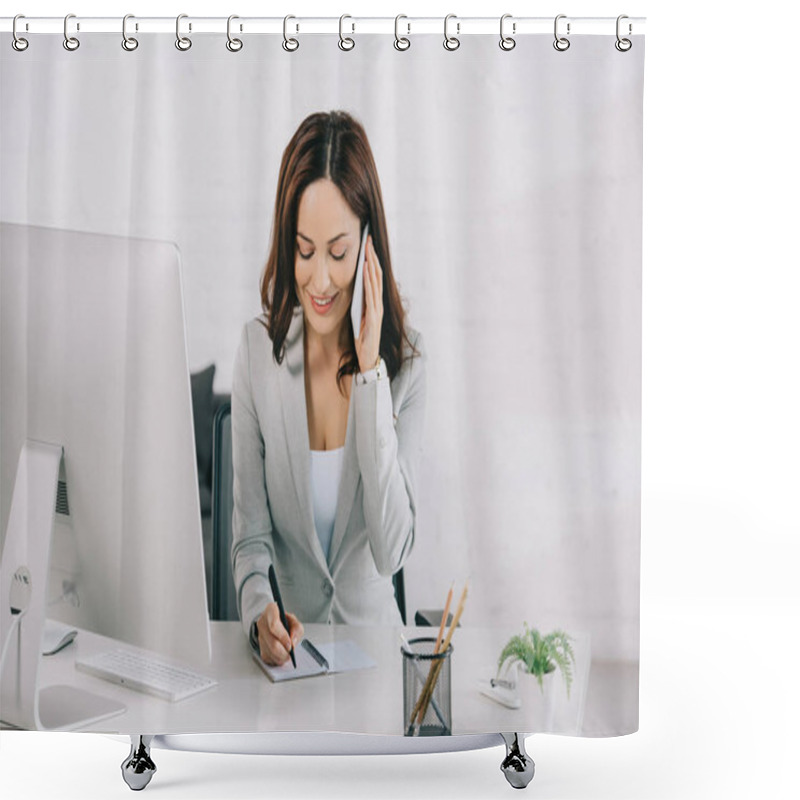 Personality  Smiling Secretary Talking On Smartphone And Writing In Notebook While Sitting At Workplace Shower Curtains