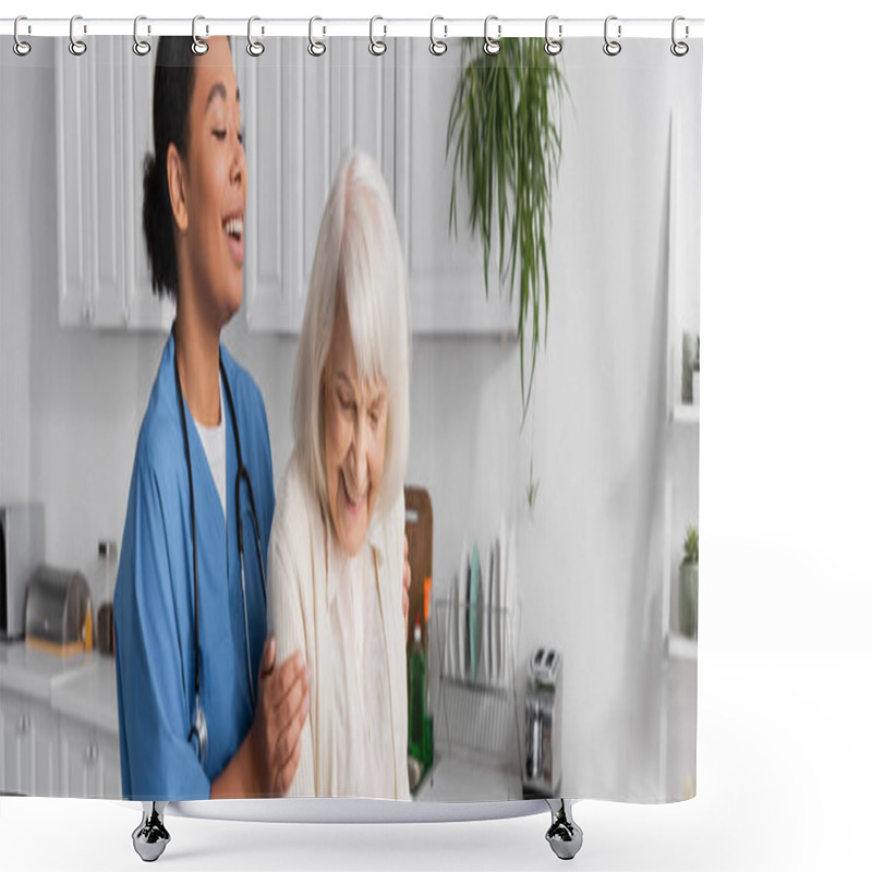 Personality  Happy Multiracial Nurse In Uniform Taking Care Of Cheerful Senior Woman At Home, Banner  Shower Curtains