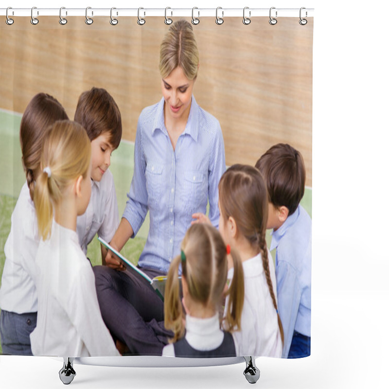 Personality  Kids And Their Teacher At Reading Session. Shower Curtains