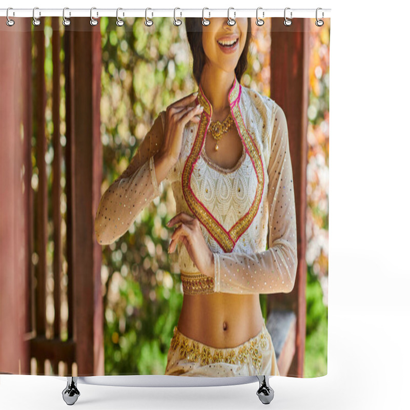 Personality  Cropped View Of Indian Woman In Elegant And Traditional Attire Smiling And Dancing In Park In Summer Shower Curtains