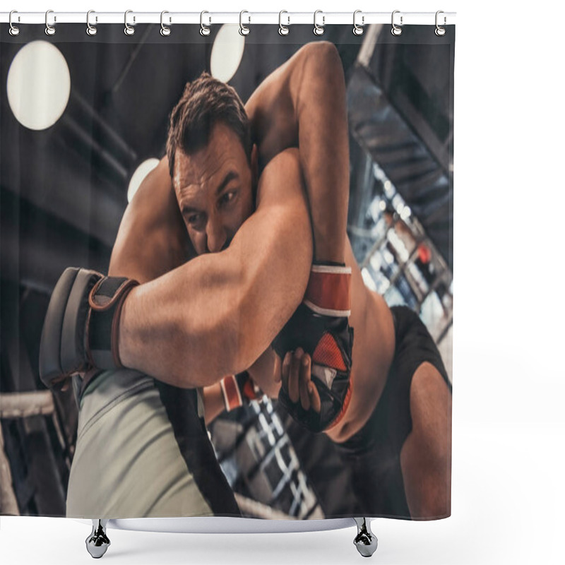 Personality  Two Men In Boxing Gloves And Shorts Are Fighting In Cage Using Grappling Technique Shower Curtains