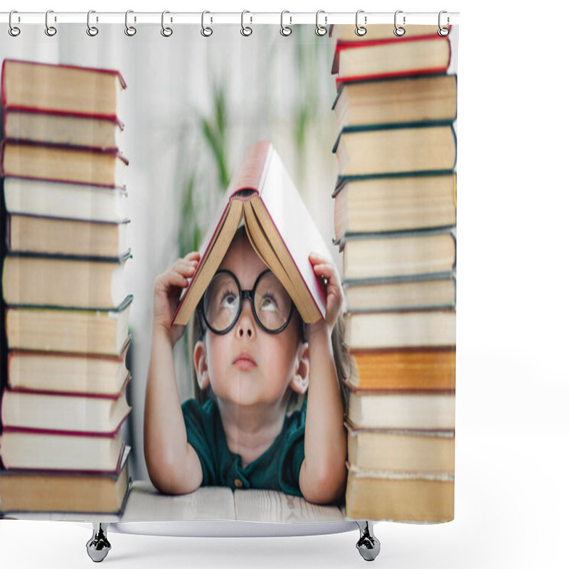 Personality  Cute Smart Preschool Girl Reading Books In Library Or At Home. Kids Early Learning And Home Education Concept. Shower Curtains