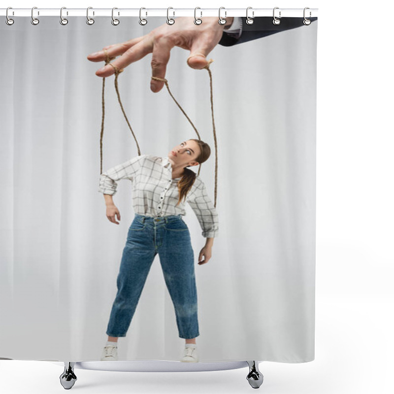 Personality  Cropped View Of Puppeteer Holding Marionette On Strings Isolated On Grey Shower Curtains