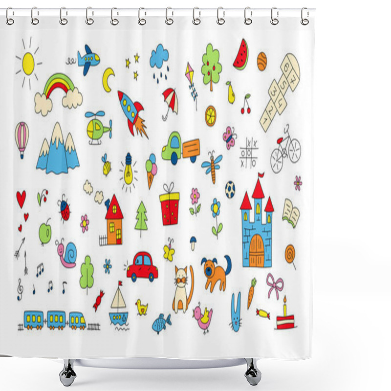 Personality  Big Set Of Children Drawings. Hand Drawn Kid Doodle Shower Curtains