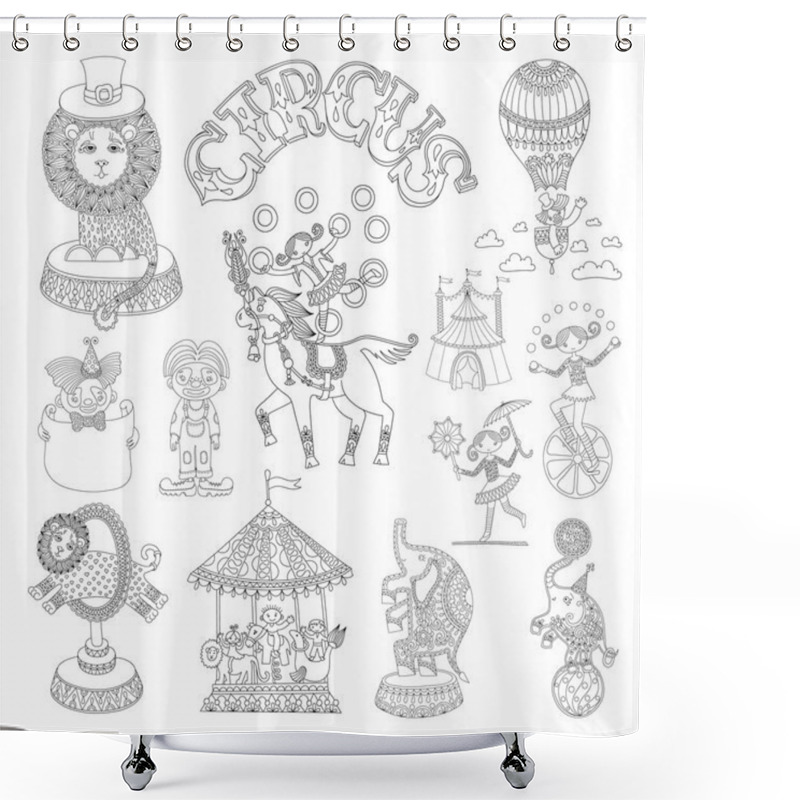 Personality  Black And White Line Art Drawings Collection Of Circus Theme Shower Curtains