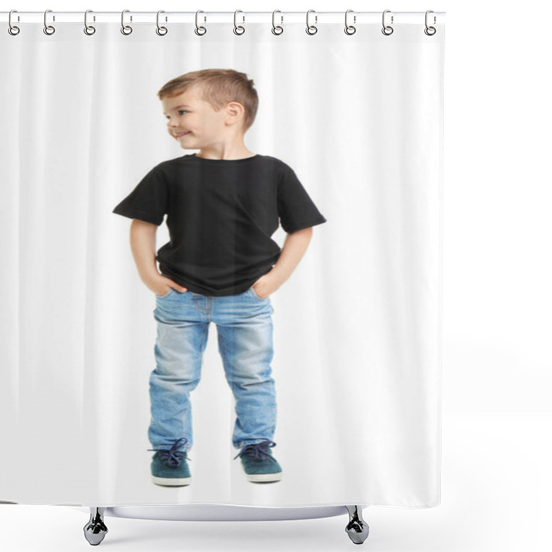 Personality  Little Boy In T-shirt On White Background. Mockup For Design Shower Curtains