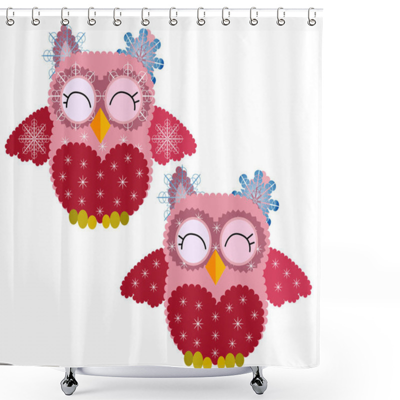 Personality  Two Cute Pink Owl In Snowflakes, In A Crown Of Snowflakes And With Snowflakes On Wings Shower Curtains