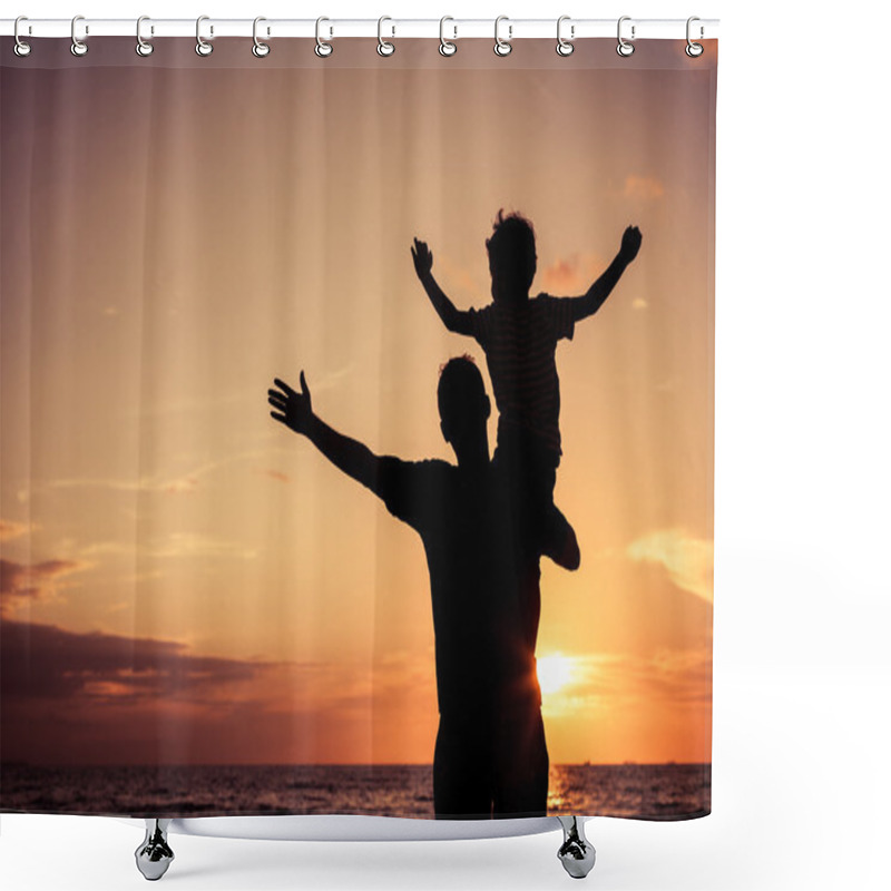 Personality  Father And Son Playing On The Beach At The Sunset Time. Shower Curtains