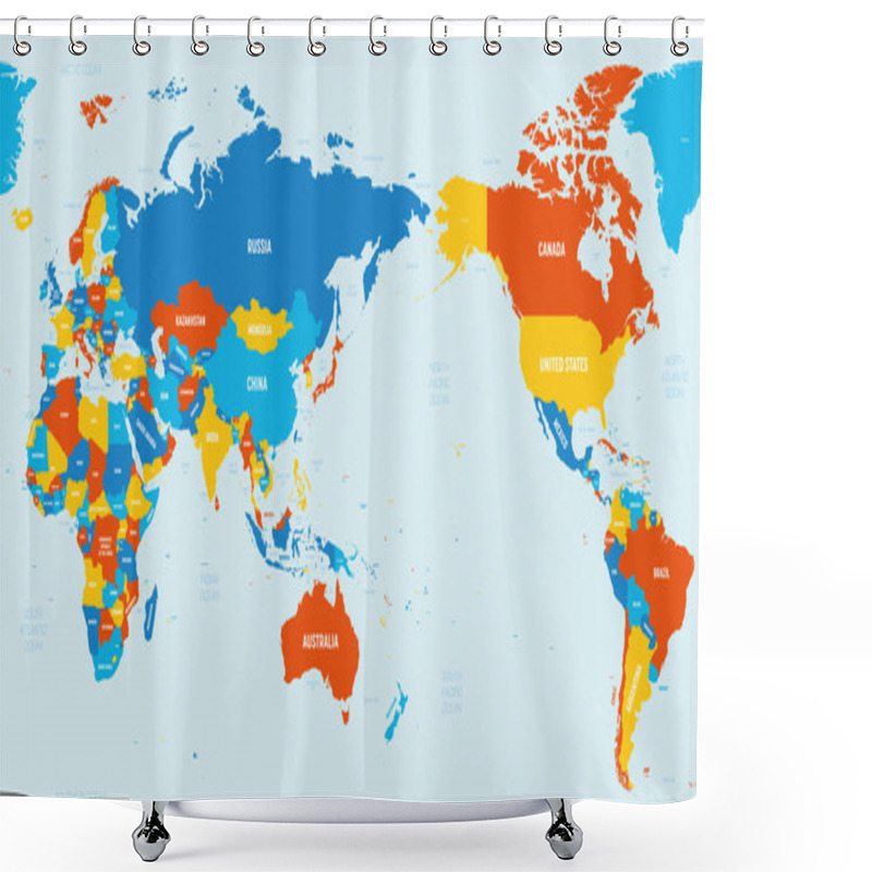 Personality  World Map - Asia, Australia And Pacific Ocean Centered. 4 Bright Color Scheme. High Detailed Political Map Of World With Country, Ocean And Sea Names Labeling Shower Curtains