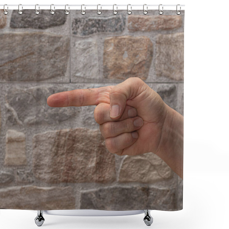 Personality  Hand Pointing Directly With One Finger Against A Textured Stone Wall Background Shower Curtains