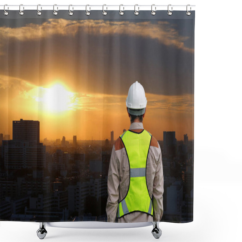 Personality  Back View Of Male Construction Worker Against Building At Sunset In Bangkok City Background Shower Curtains