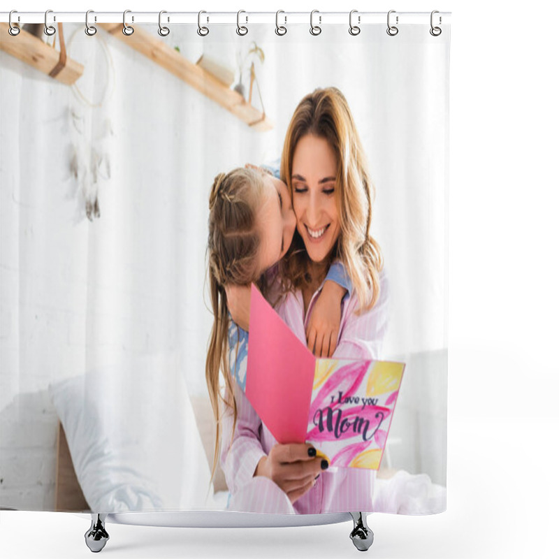 Personality  Daughter Kissing Smiling Mother With Card In Mothers Day Shower Curtains