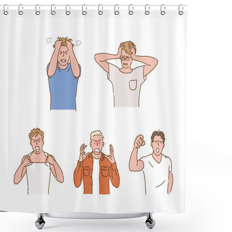 Personality  Stressed And Angry Male Character. Hand Drawn Style Vector Design Illustrations. Shower Curtains