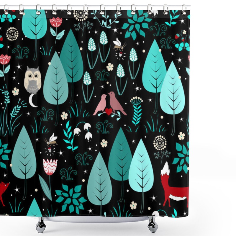 Personality  Spring Or Summer Pattern With Fox, Birds, Flowers, And Trees. Cute Magic Forest Background Shower Curtains