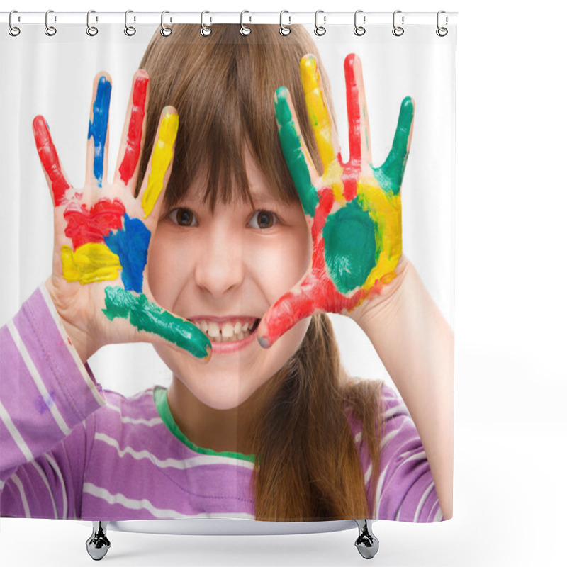 Personality  Portrait Of A Cute Girl Playing With Paints Shower Curtains