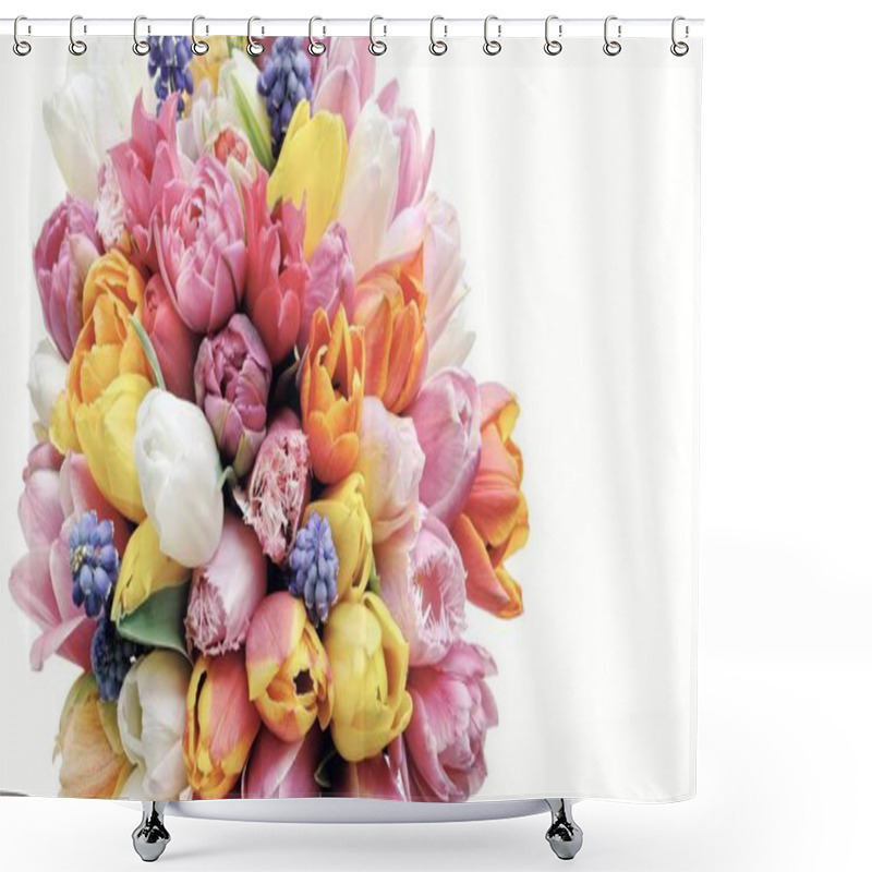 Personality  Spring Tulips Flowers On The White Background Shower Curtains